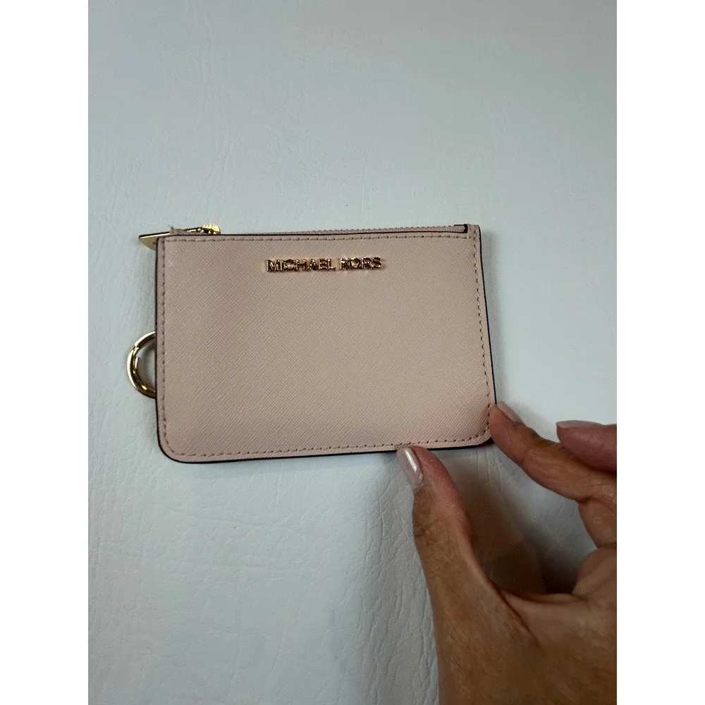 Michael Kors Card Holder Coin Pouch Pink Saffiano Leather Zip ID Keychain Wallet